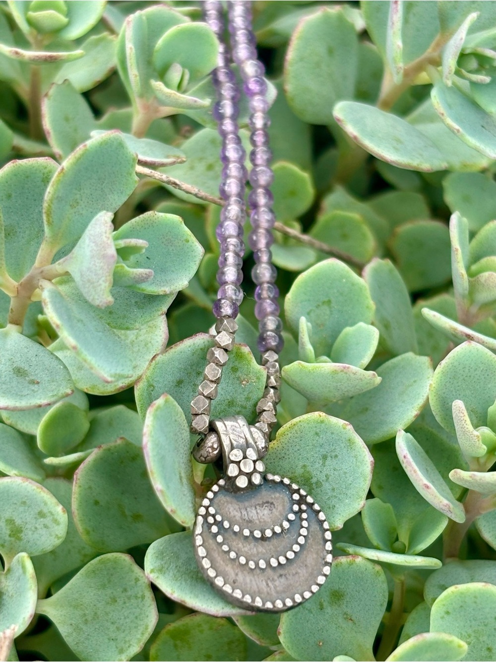 Vintage Satya Purple Amethyst Bead Necklace Sterling Silver Moon Pendant